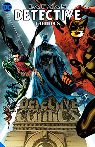 Batman, Robin, and Batwoman on a rooftop, comic book cover.