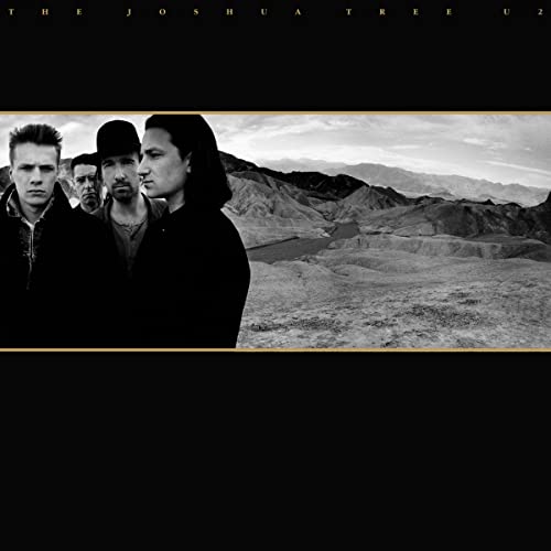 Black and white photo of U2 band members standing before a desert mountain landscape.