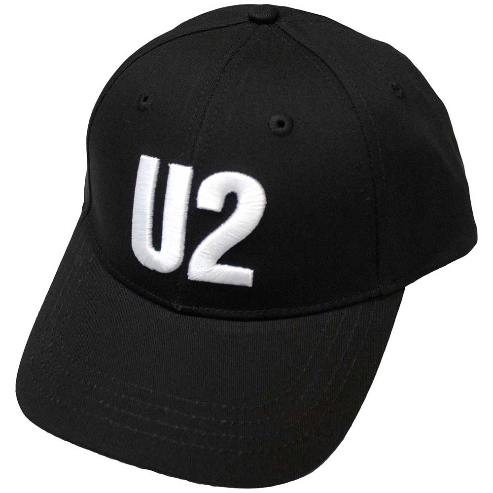 White baseball cap with a black U2 logo embroidered on the front.