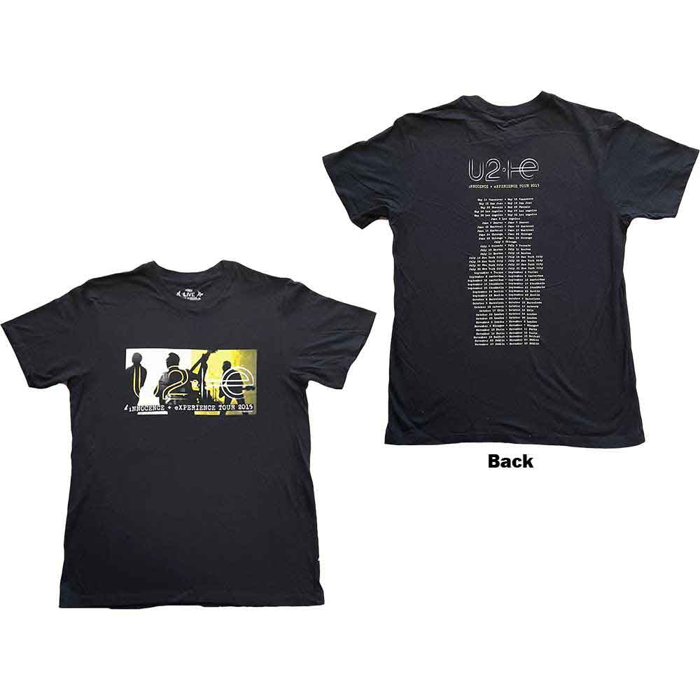 Black U2 tour t-shirt with band silhouettes and tour dates printed on it.