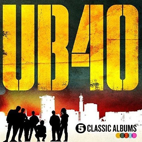 UB40 album cover with band silhouette against a city skyline.