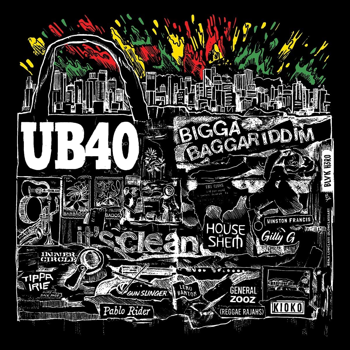 UB40 “Bigga Baggariddim” CD cover: black and white cityscape with red, green, and yellow.