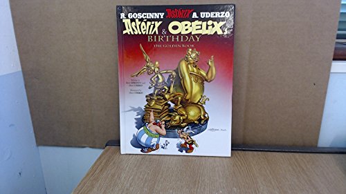 Asterix and Obelix book cover, featuring cartoon characters and gold statue.