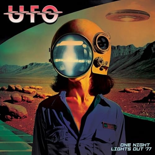 UFO album cover: person with helmet, desert landscape, and UFO.