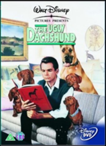 DVD cover for "The Ugly Dachshund" featuring a man and dogs.