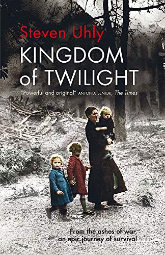 Book cover: woman with three children in a war-torn landscape.