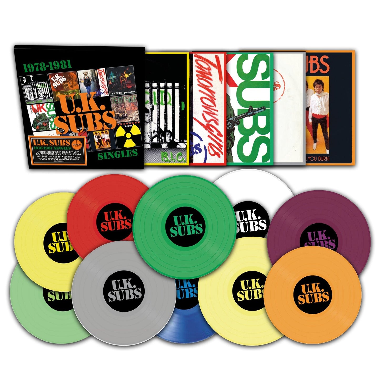 UK Subs vinyl singles collection, 1978-1981, with colorful record discs.