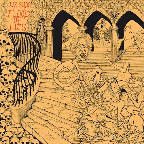 Surreal ink drawing of skulls, grotesque creatures, and a staircase on an orange background.