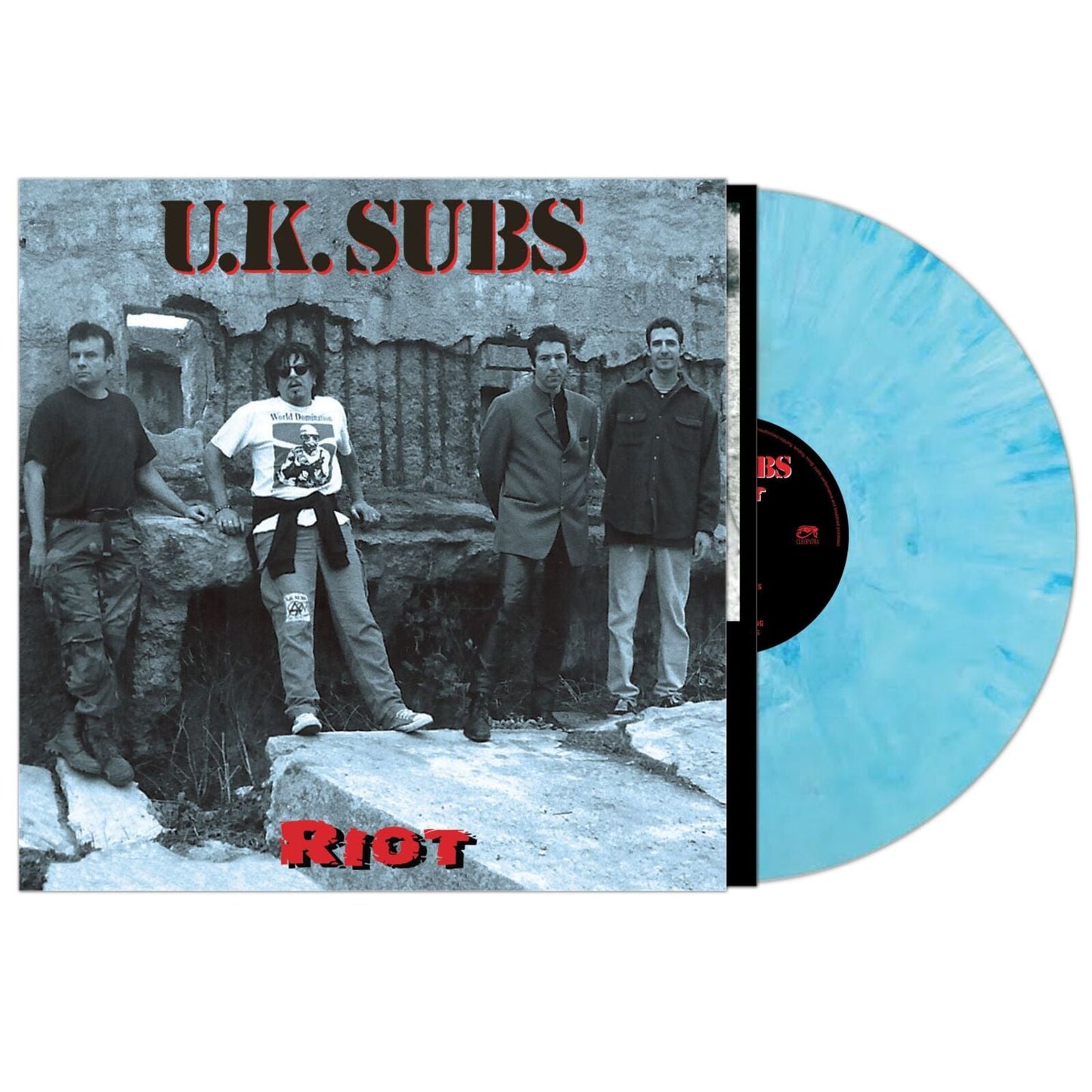 Vinyl record of UK Subs’ “RIOT” album with band photo and blue swirl disc.
