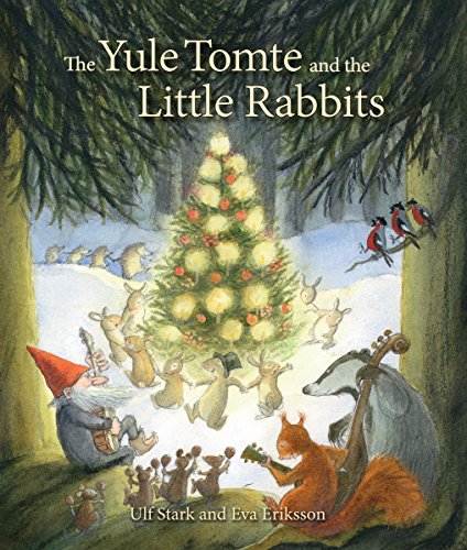 Gnome, rabbits, and other animals celebrate around a decorated Christmas tree.
