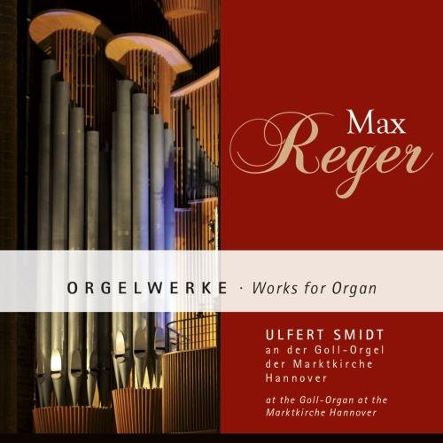 CD cover featuring organ pipes against a red background, text details composer Reger.
