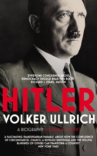 "Black and white photo of Hitler on a book cover with red and white text."