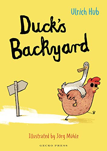 Book cover: "Duck's Backyard" with a duck riding on a chicken.