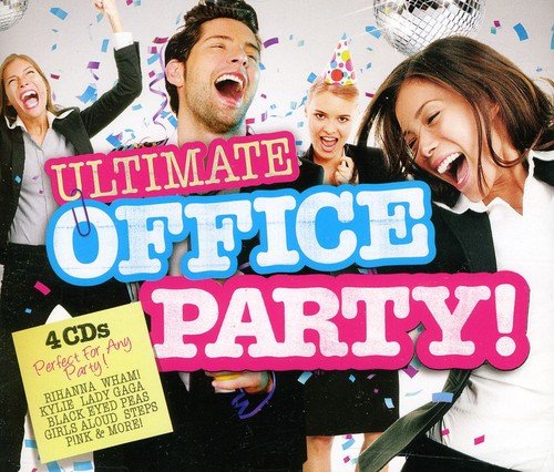 CD cover: three people celebrating with confetti, text reads "Ultimate Office Party!".