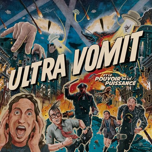 CD cover: chaotic illustrated scene with people, UFOs, and city destruction.