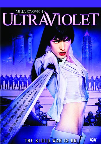 Ultraviolet DVD cover featuring Milla Jovovich with a sword, futuristic city backdrop.