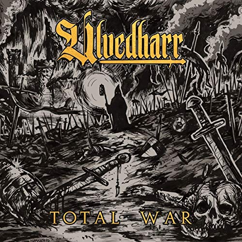 Dark album cover depicting a battlefield with skulls, swords, and a cloaked figure.