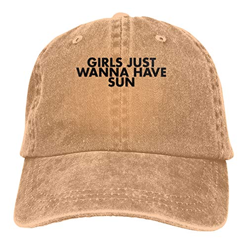 Tan baseball cap with black text reading "GIRLS JUST WANNA HAVE SUN".