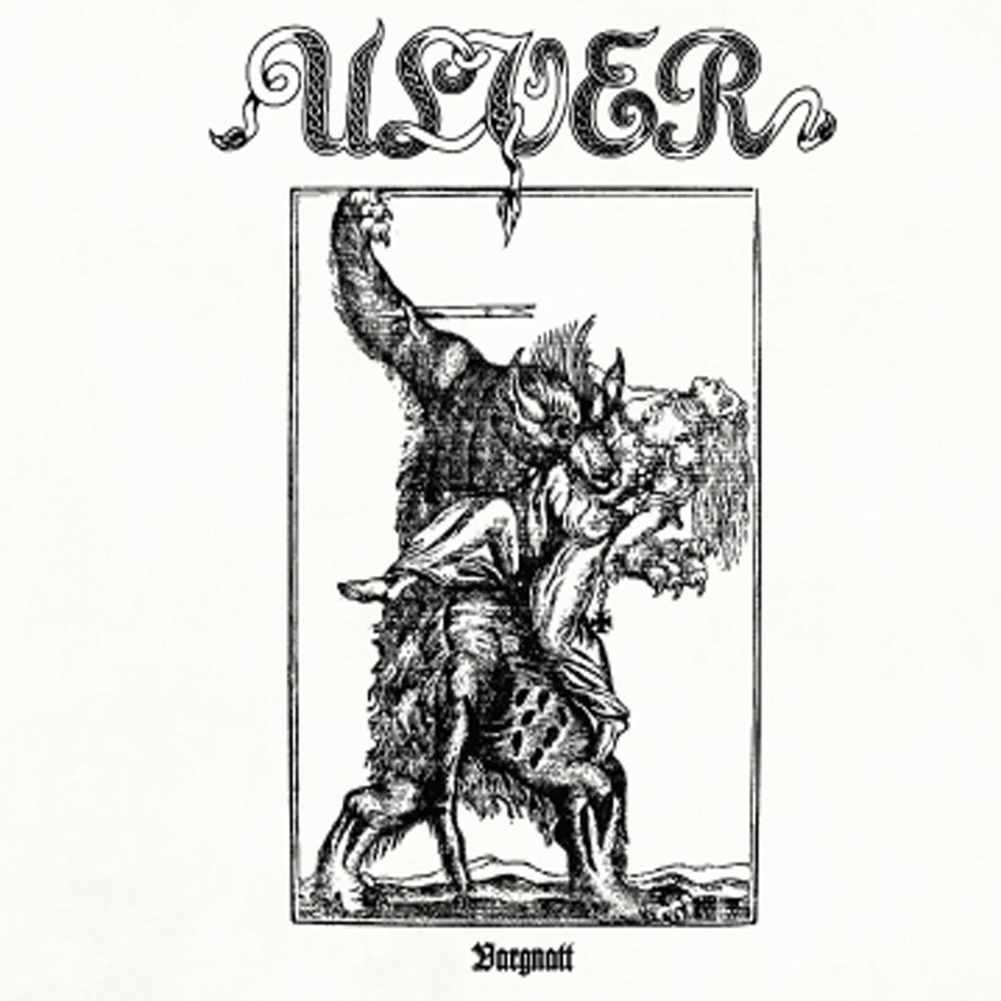 Ulver’s “Vargnatt” vinyl cover: black and white illustration of a wolf creature.