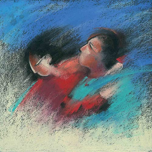 Pastel drawing of two figures embracing against a textured blue and cream background.