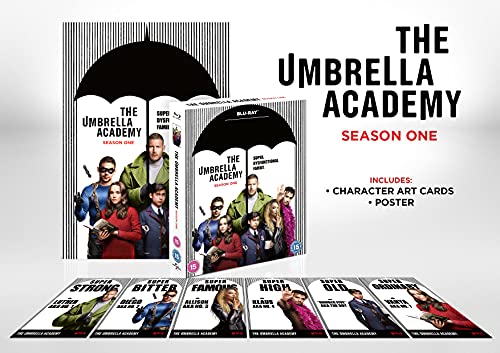 The Umbrella Academy Season 1 Blu-ray set with character art cards and poster.