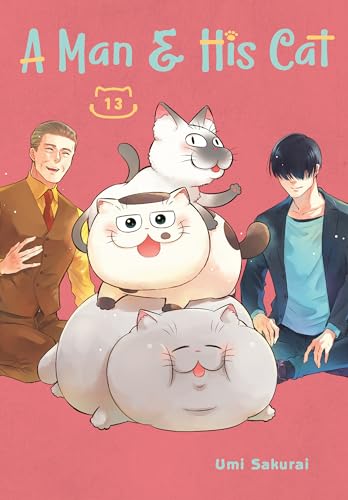 Book cover: man with three cats, manga style, pink background.
