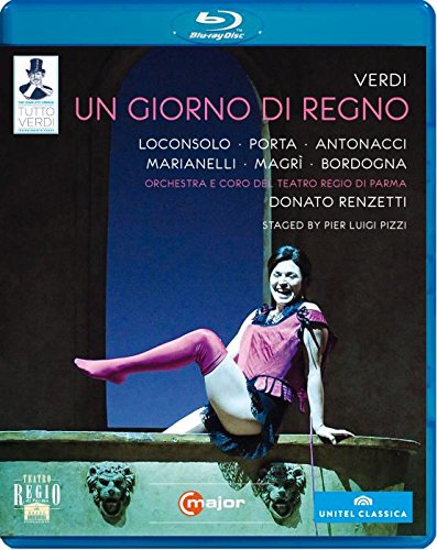 Blue-ray disc cover featuring a man in a pink outfit on a balcony.
