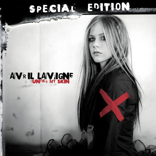Avril Lavigne album cover, "Under My Skin," black and white with red X.