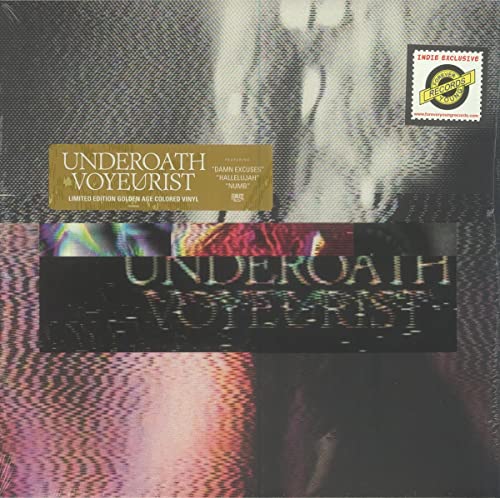 Vinyl record of Underøath’s “Voyeurist” with gold and distorted cover art.