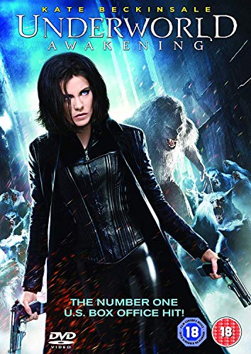 Kate Beckinsale in a black coat holding two guns surrounded by werewolves on DVD.