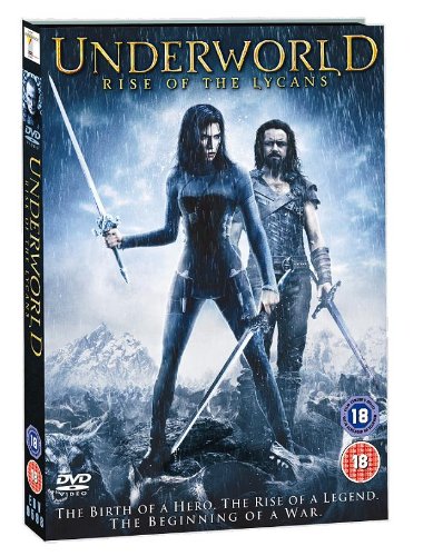DVD cover for "Underworld: Rise of the Lycans" featuring two figures with swords.