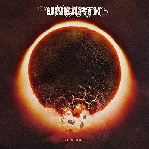 Album cover for Unearth’s “Extinction(s)” depicting a cracked, fiery planet.
