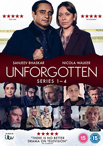 Unforgotten" DVD cover featuring Nicola Walker and Sanjeev Bhaskar, seasons 1-4.