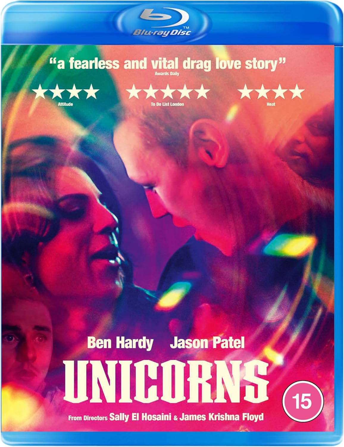 Blu-ray cover for Unicorns featuring two people in a colorful, dreamlike, neon-lit setting.