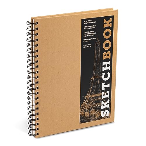 Brown spiral-bound sketchbook with Eiffel Tower design on the cover.