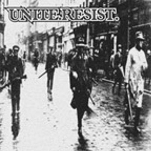 Black and white image of people marching down a street with "unite resist" text overlay.