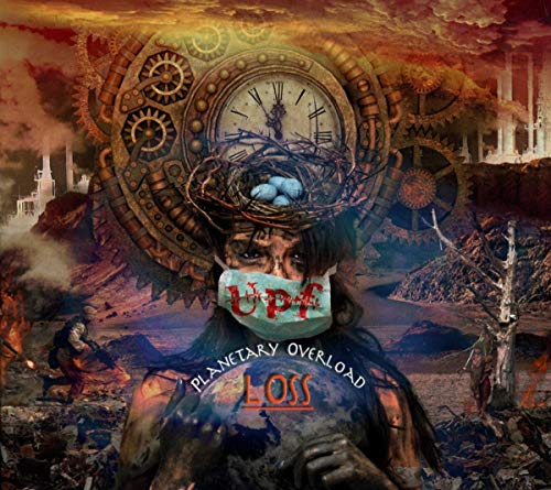 CD cover with masked face, clockwork, and apocalyptic landscape imagery.