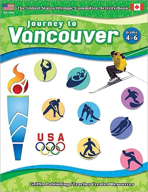 Book cover: "Journey to Vancouver" with winter sports illustrations.