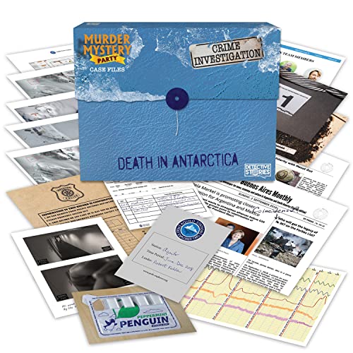 Blue folder with scattered crime scene photos and documents.