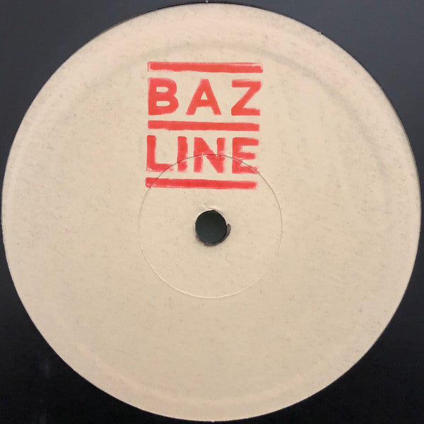 White vinyl record label with red "BAZ LINE" text and center hole.
