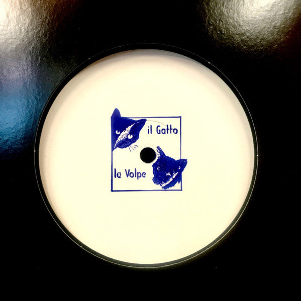 Vinyl record label with blue cat and fox illustrations centered on white.