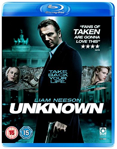 Blu-ray cover for “Unknown” featuring Liam Neeson holding a handgun.