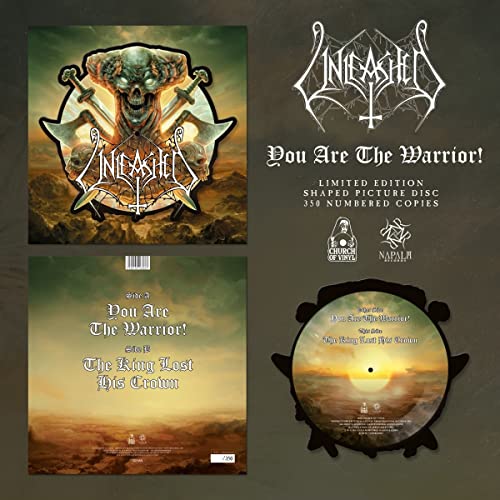Unleashed You Are The Warrior shaped picture disc vinyl with skull and sword artwork.