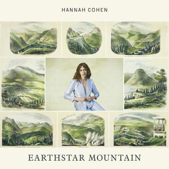 CD cover: woman in blue suit amidst vintage mountain landscape prints.