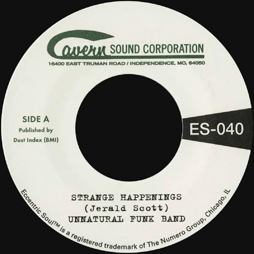White record label for Unnatural Funk Band's Strange Happenings with Cavern Sound Corporation logo.