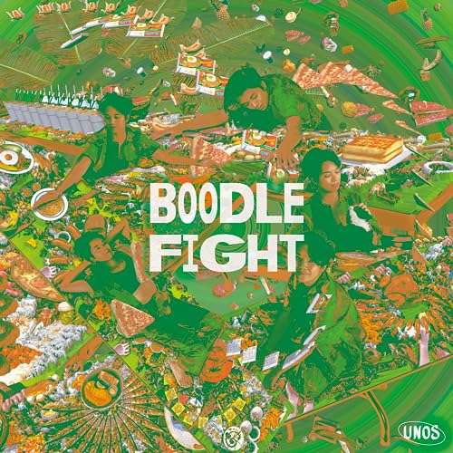 Album cover: people surrounded by abundant food on a green background.