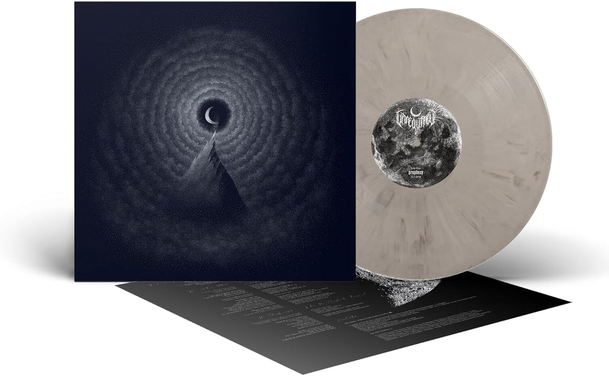 White vinyl record with black cover art featuring a crescent moon and abstract design.