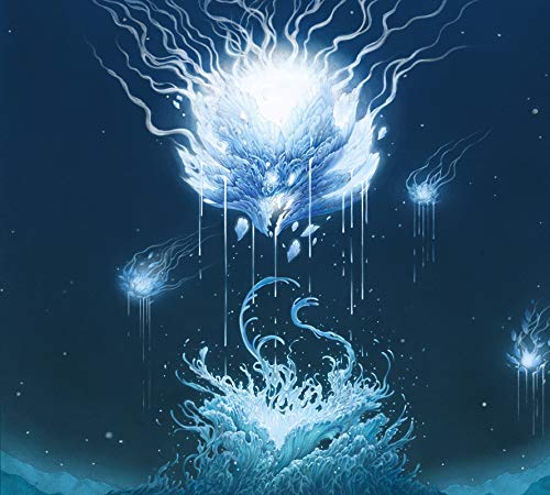 Blue and white abstract image of a celestial being over water.