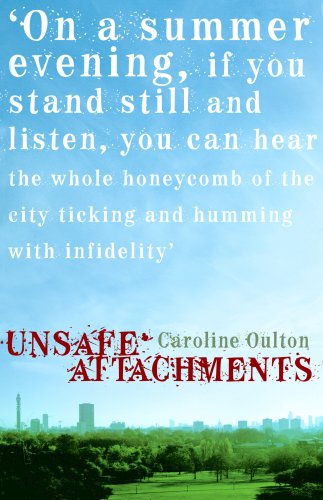 Book cover for “Unsafe Attachments” with a city skyline and trees.