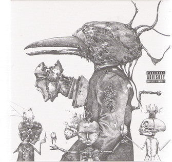 Black and white sketch of figures with bird-like and mechanical features.